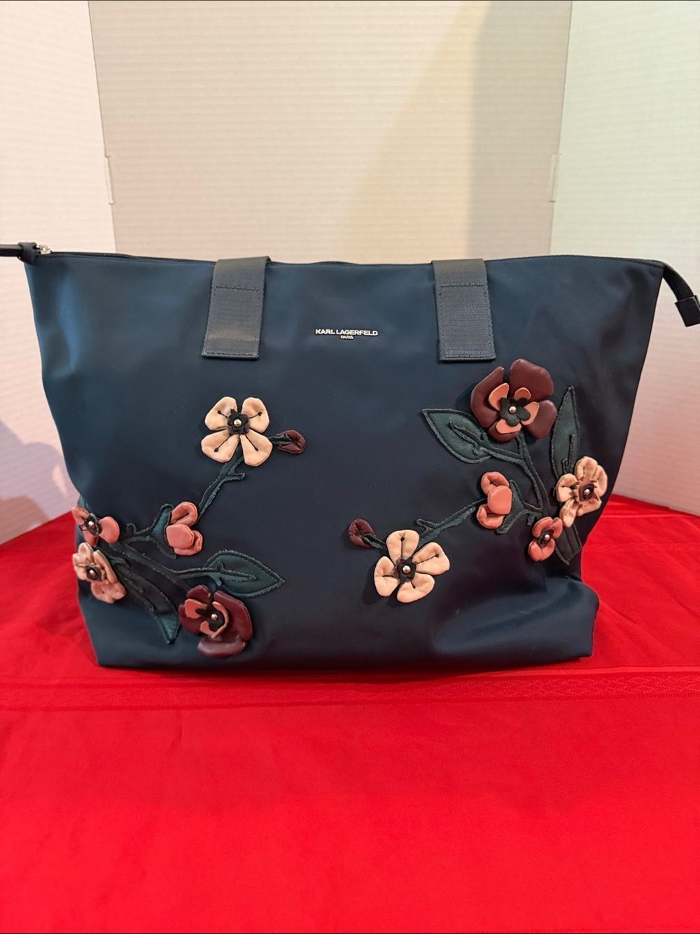 Karl Lagerfeld Navy Tote with Floral Appliqués & Inside Pockets